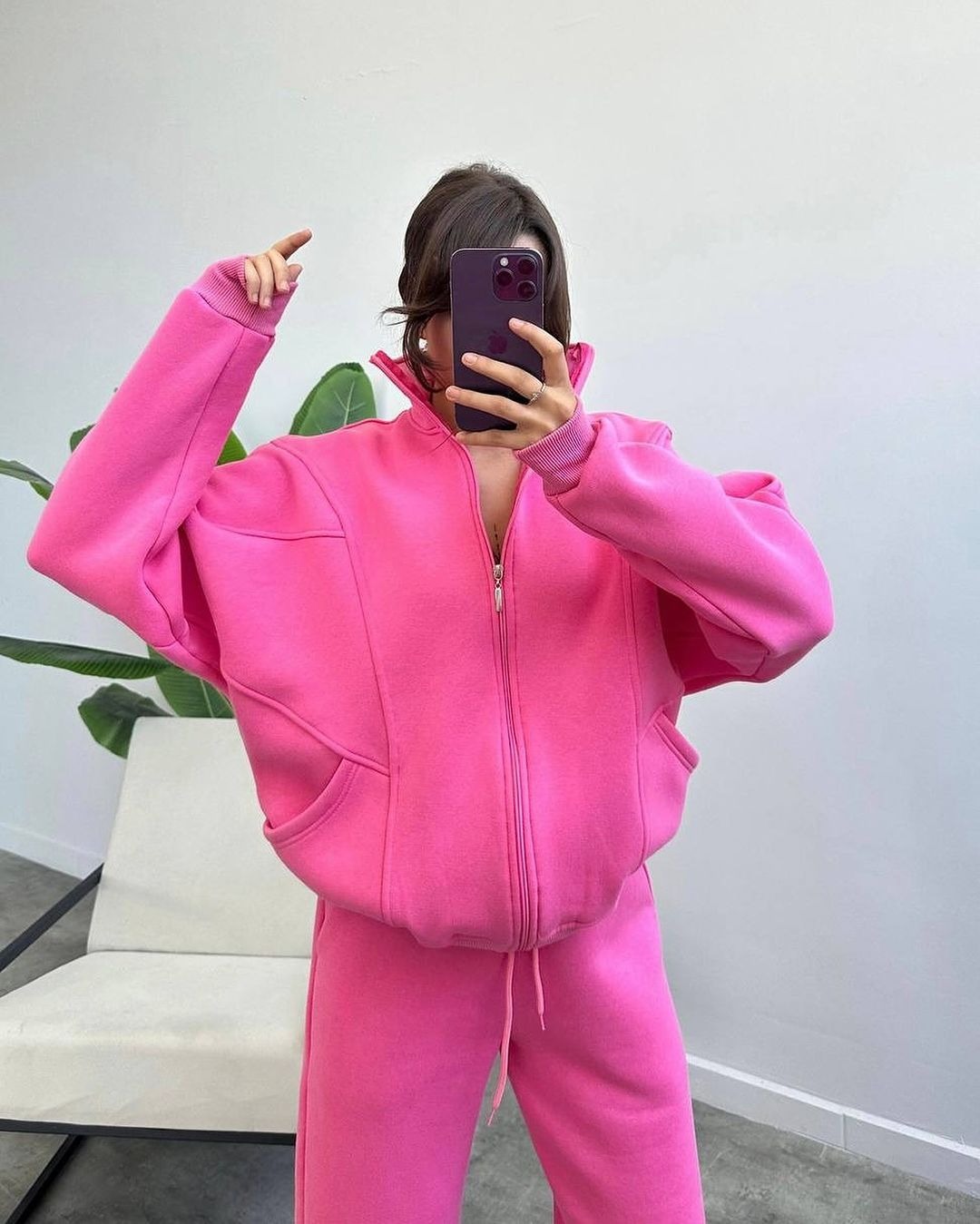 Women's Fleece-Lined Long-Sleeve Sweatsuit Set Solid Color Zip-Up
