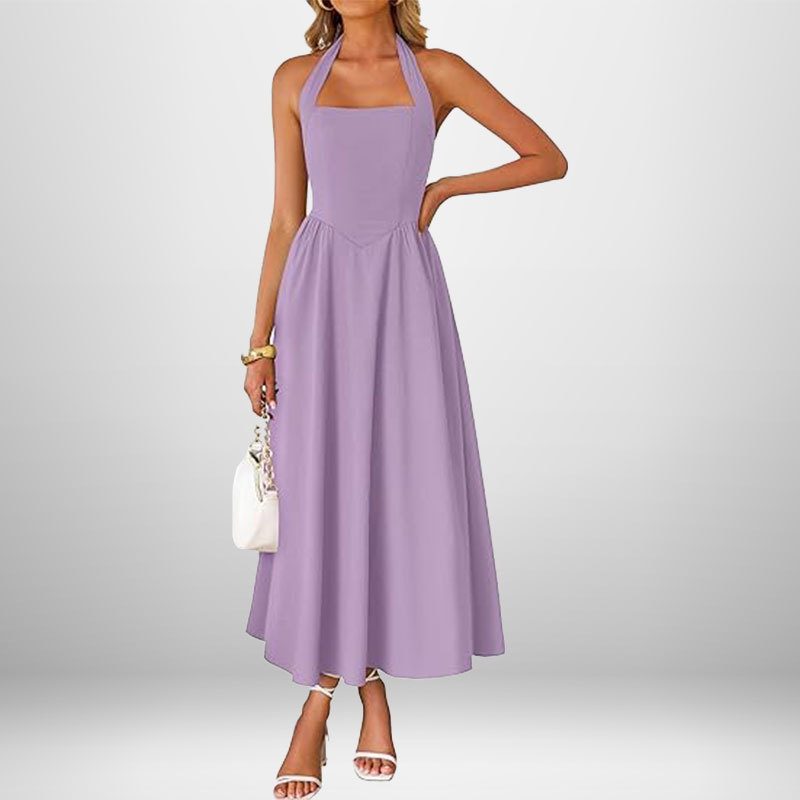 Women's Sleeveless Halter Backless A-Line Midi Dress