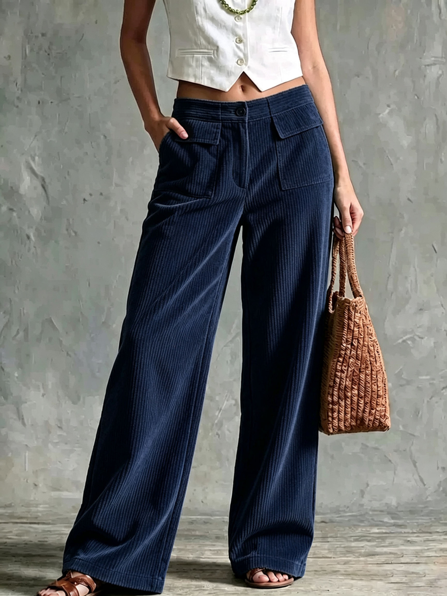 Women's Corduroy Wide-Leg Pants High Waist Straight Two Pockets