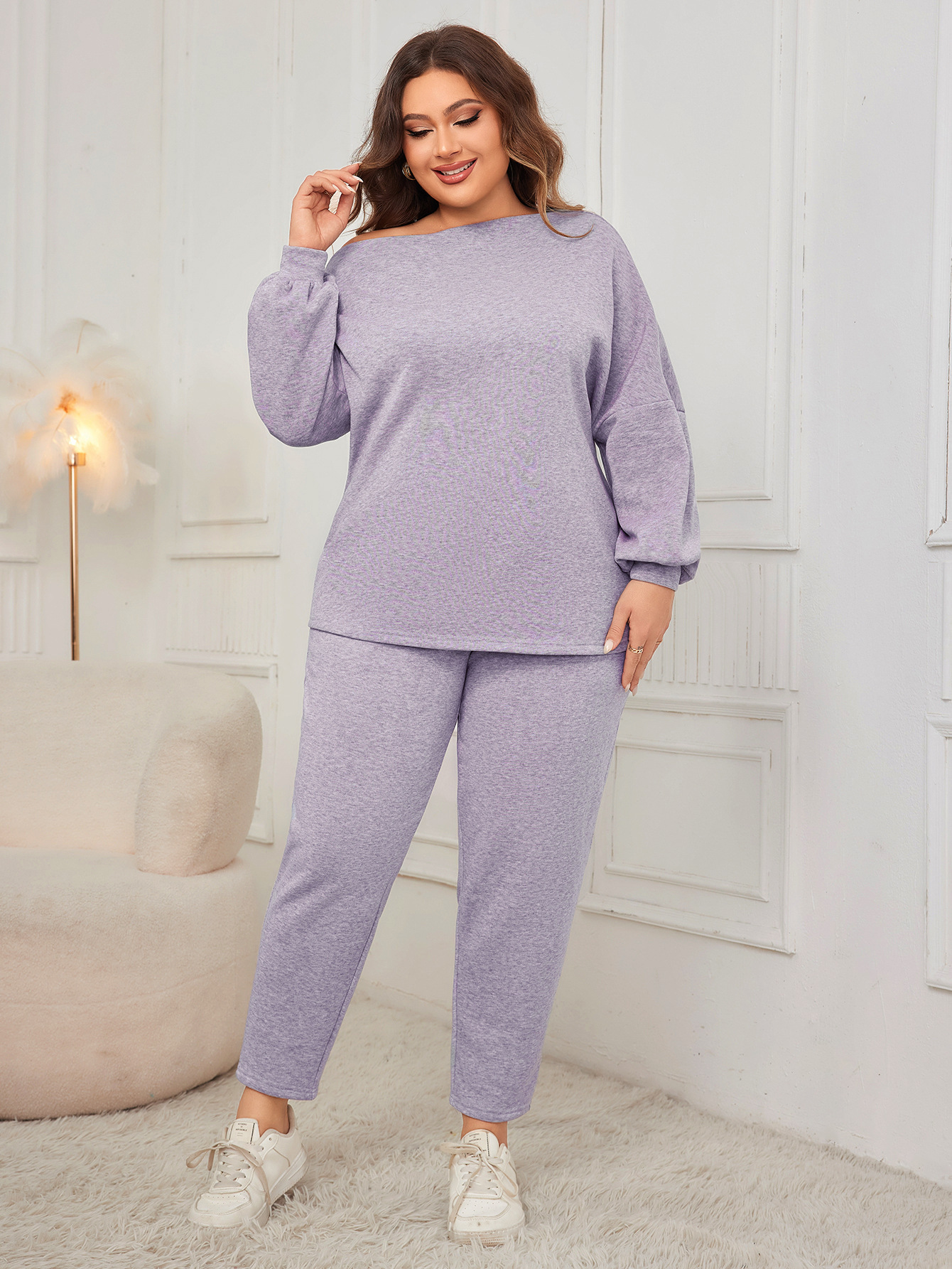 Women's Off-Shoulder Long Sleeve Top and Pants Set Plus Size Casual