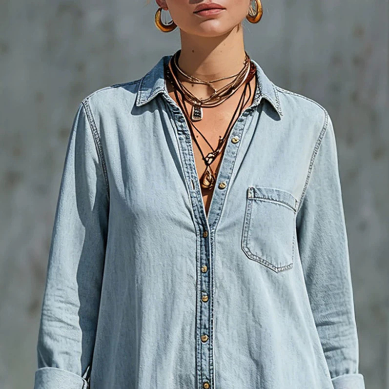 Light Blue Denim Ruffled Long Sleeve Mini Dress