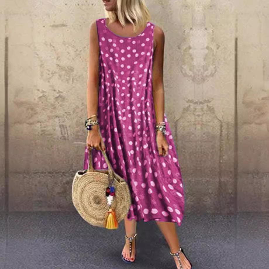 Women's Sleeveless Polka Dot Dress with Ruched Waist and Off-Shoulder Design