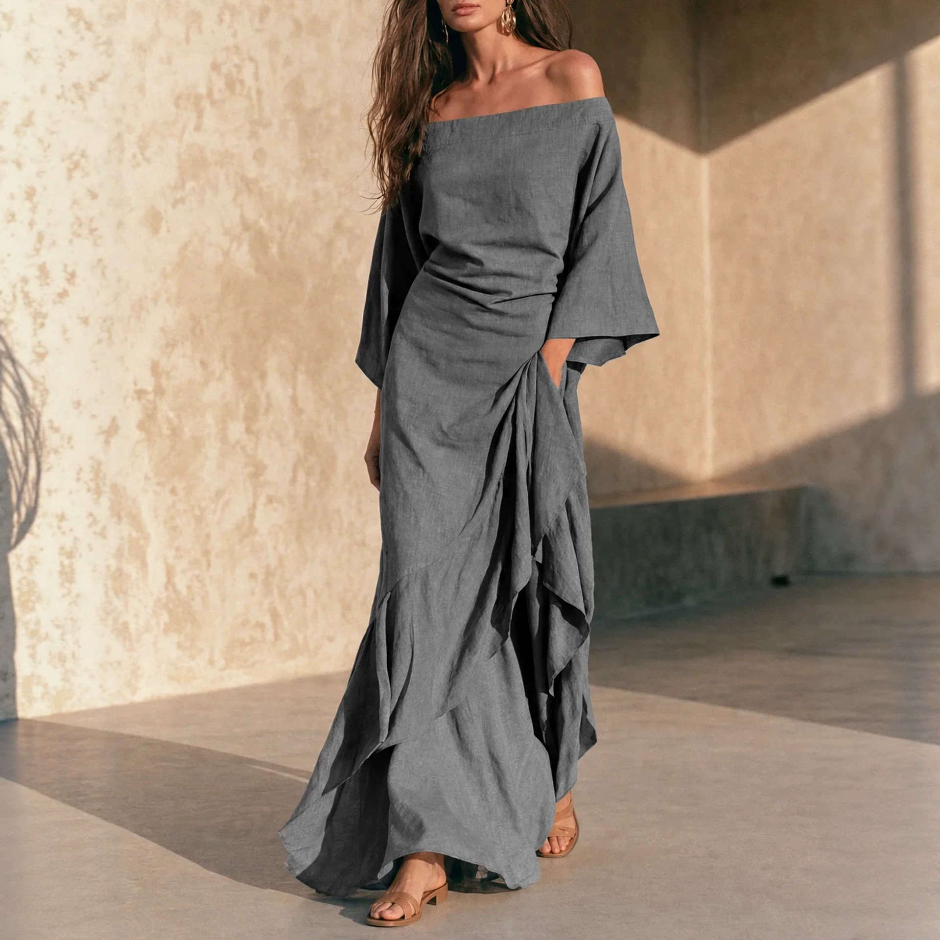 Off-Shoulder Linen-Blend Maxi Dress with Ruffles and Asymmetric Hem