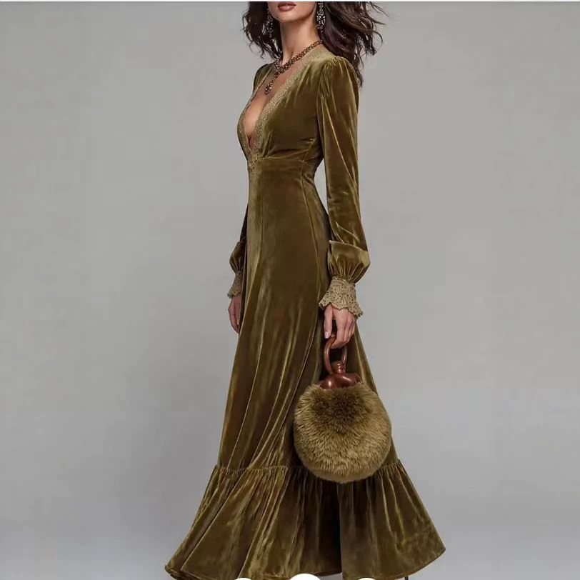 French Vintage V-Neck Fitted Long Sleeve Midi Dress