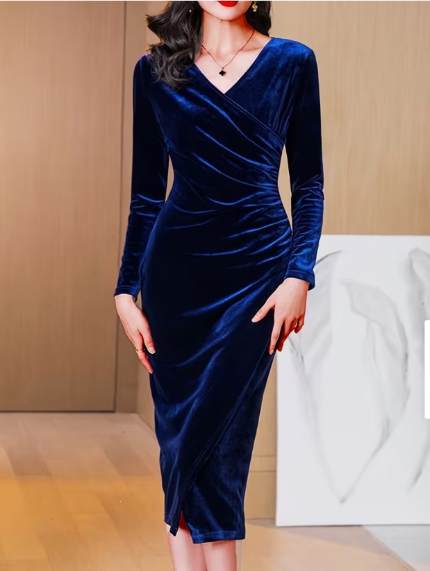Pleated Velvet Long Sleeve V-Neck High Slit Evening Dress