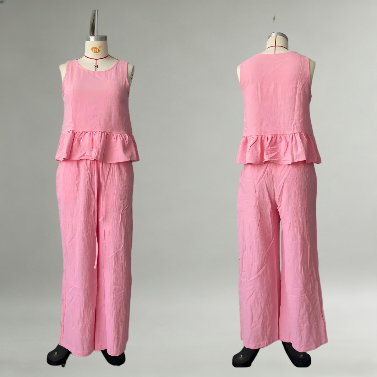 Women's Cotton-Linen Ruffle Sleeveless Wide-Leg Pants Set