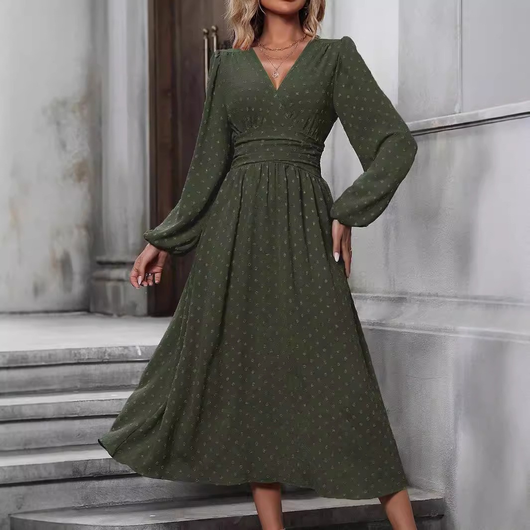 Women's Asymmetric V-Neck Lantern Sleeve Ruched Waist Midi Dress