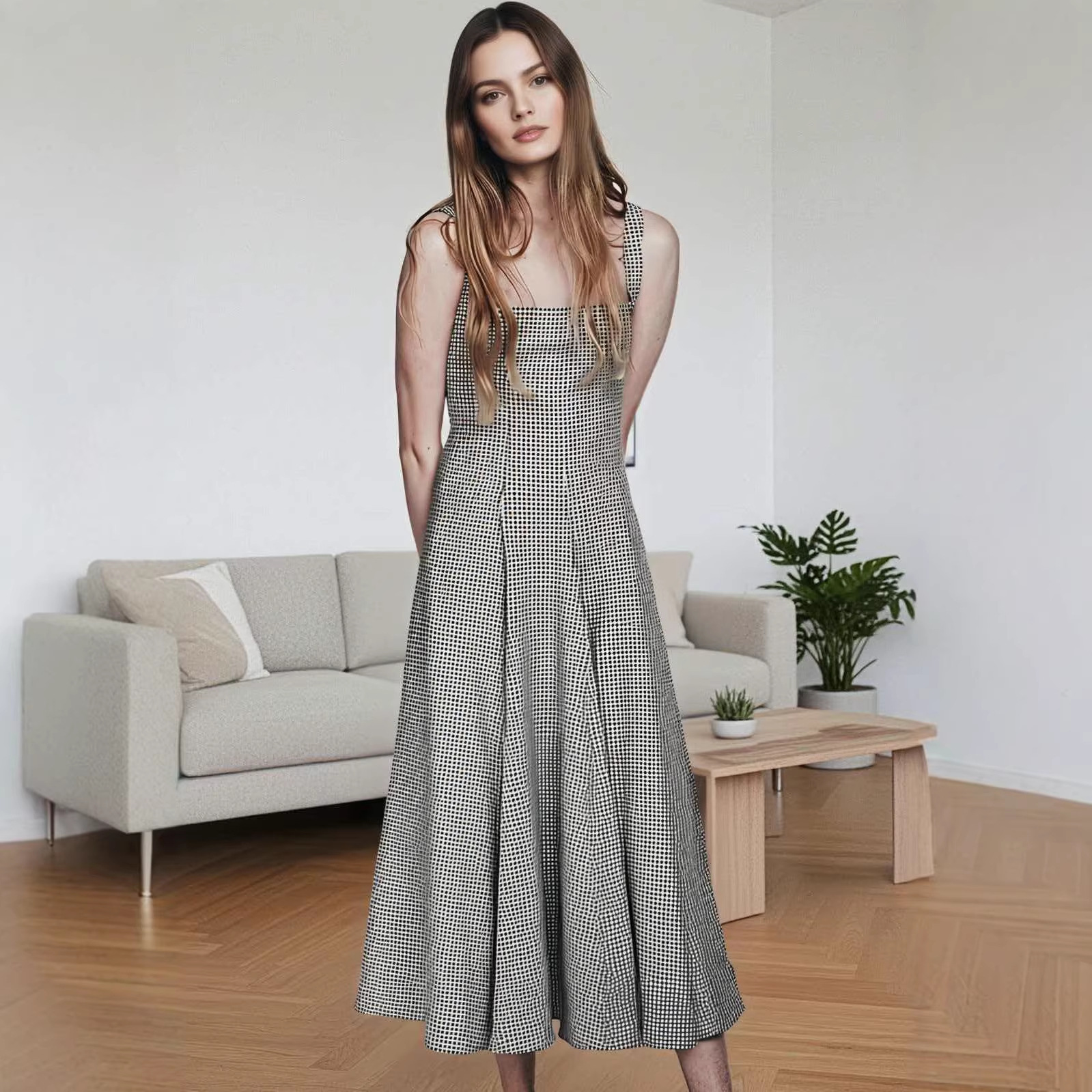 Minimalist Black and White Plaid Sleeveless Midi Dress