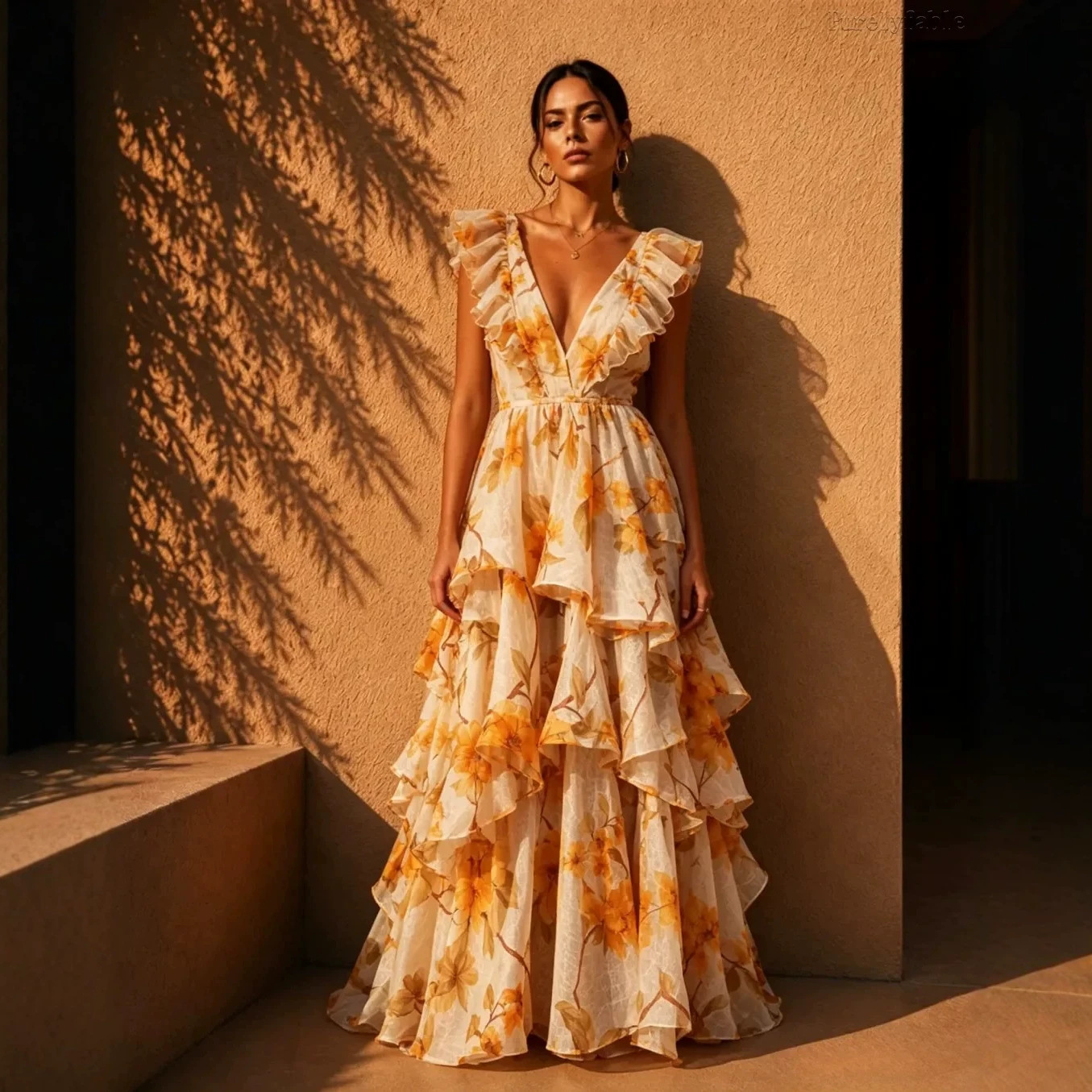 Yellow Floral Sleeveless Deep V Ruffle Tiered Maxi Dress