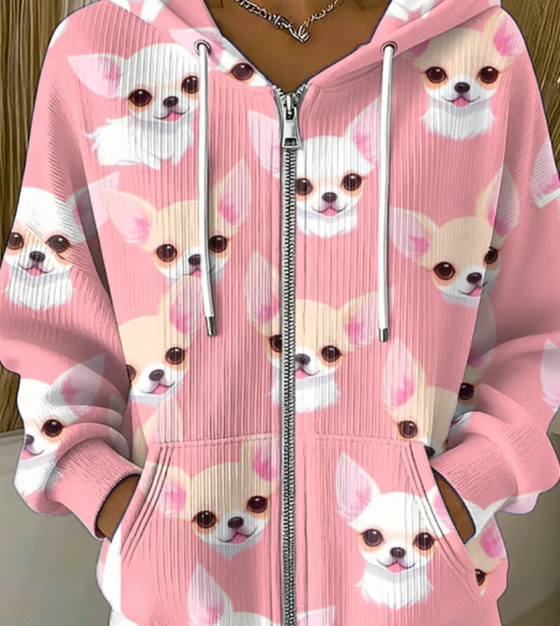 Women's Cute Puppy Print Hoodie Long Sleeve Zip-Up