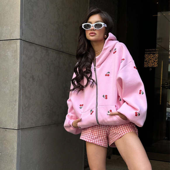 Cherry Print Hooded Zip-Up Sweatshirt Jacket