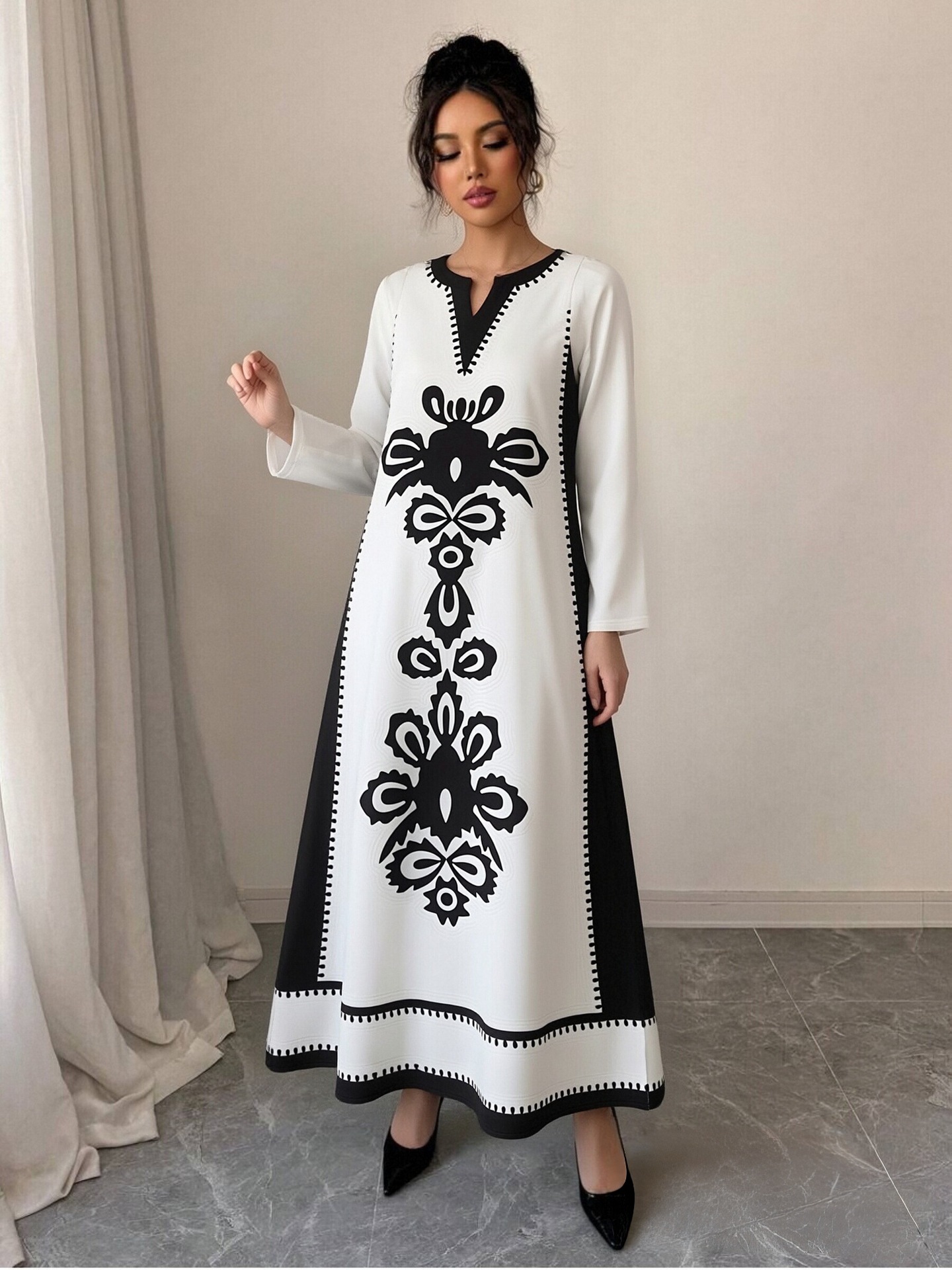 High-Saturation Colorblock Print Long Dress Loose Flattering A-Line V-Neck