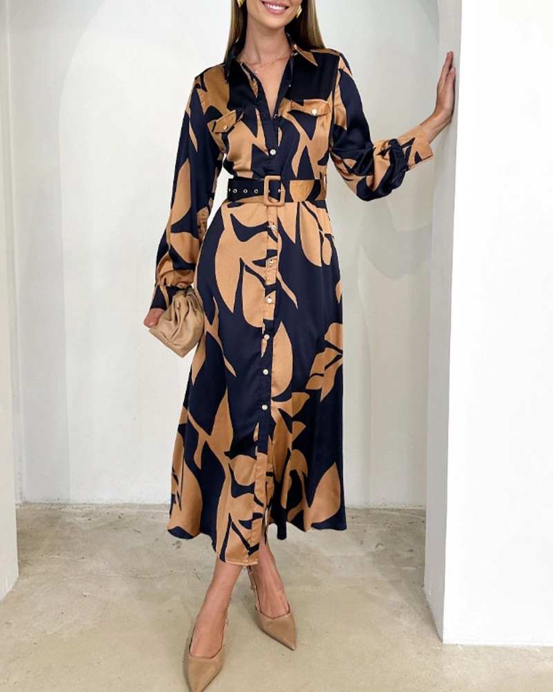 Floral Print V-Neck Long Sleeve Cinched Waist Retro Dress