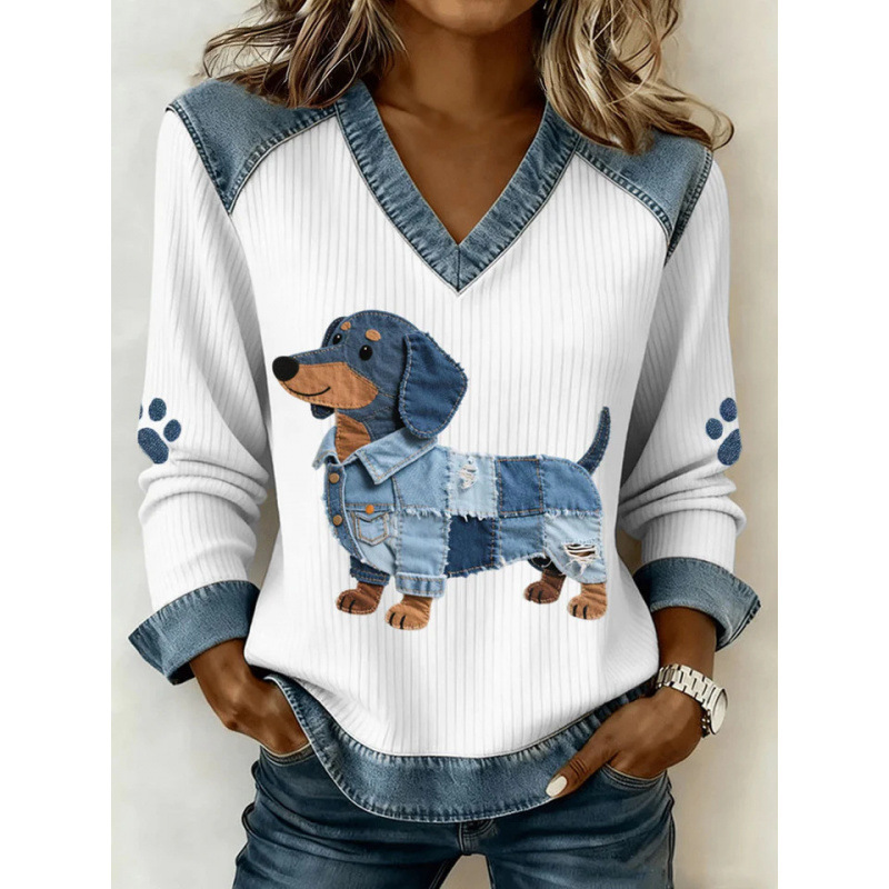3D Print Colorblock Denim Collar Pullover Sweatshirt Women's Long Sleeve Loose Fit