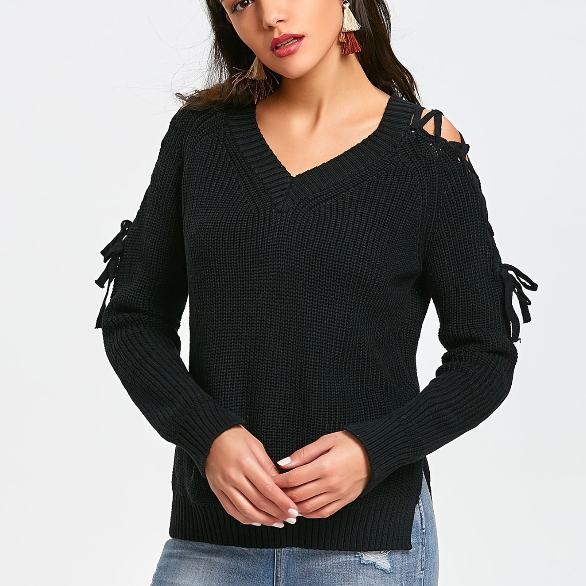 Women's Hollow-Out Knit Sweater V-Neck Lace-Up Long Sleeve Pullover