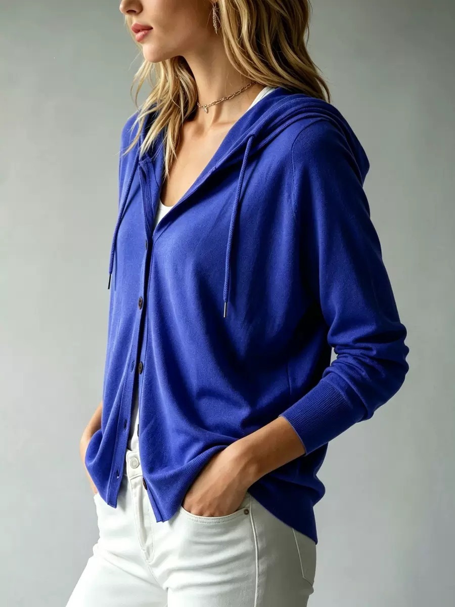 Women's Hooded Knit Cardigan Sweater Solid Color Long Sleeve Loose Fit