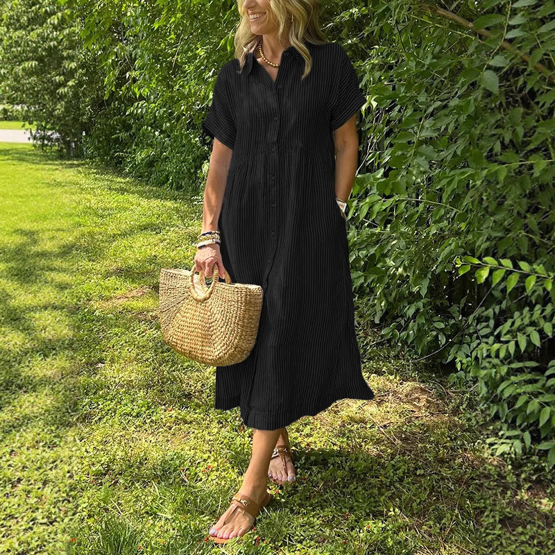 Women's Striped Short Sleeve Shirt Dress Loose Plus Size Casual Midi
