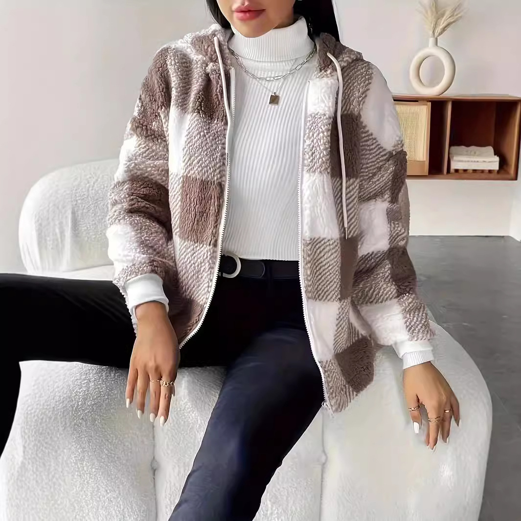 Plaid Hooded Zip-Up Cardigan Coat Loose Fit Long Sleeve Fuzzy Knit