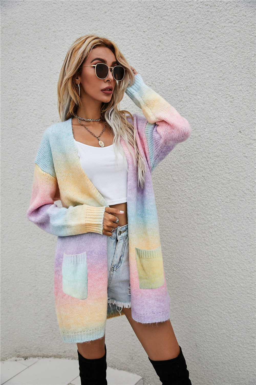 Rainbow Tie-Dye Long Sleeve Open Front Cardigan Sweater Coat Women