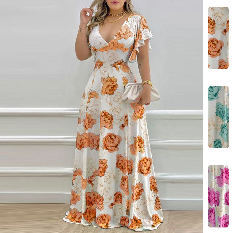Women's Floral Print V-Neck High Waist A-Line Maxi Dress