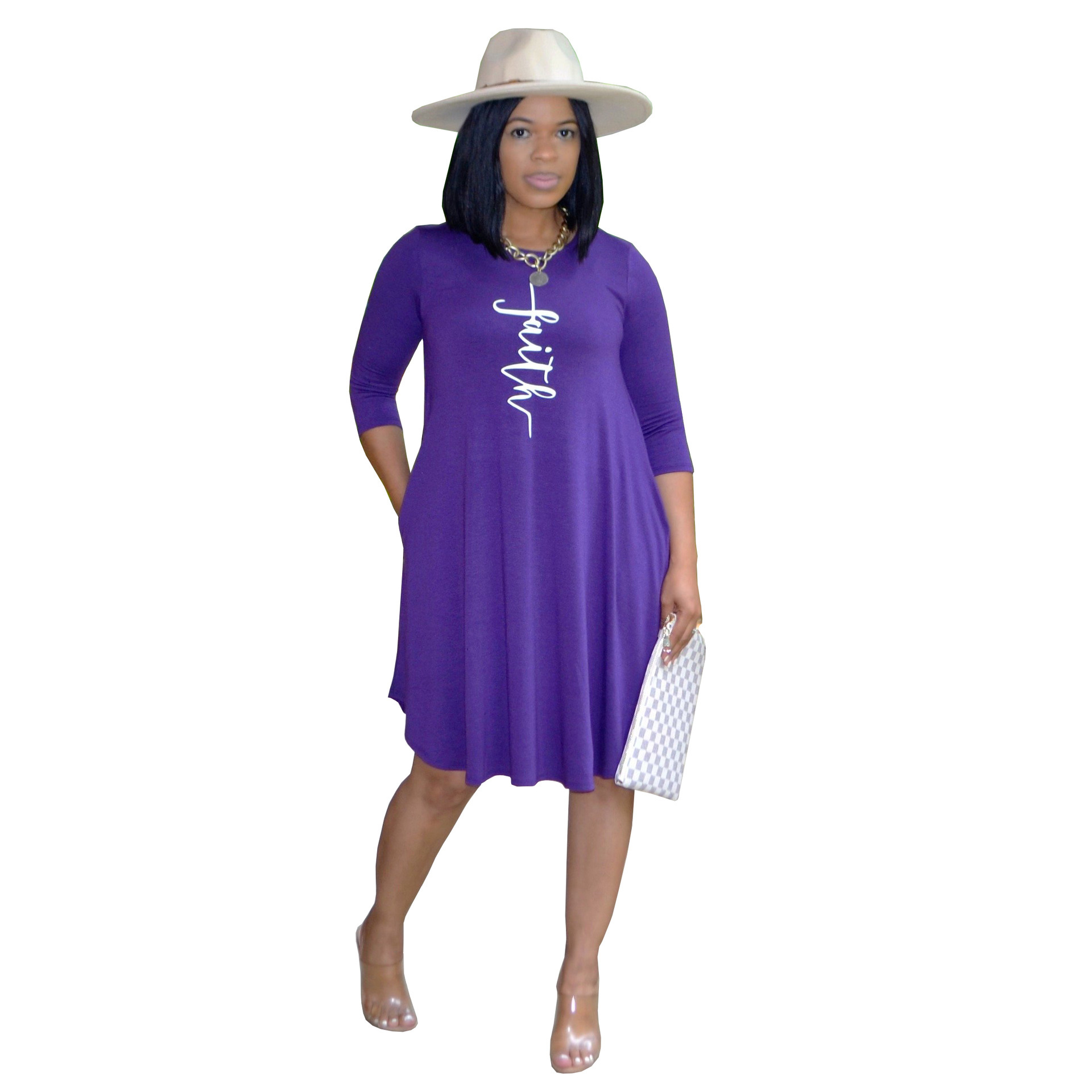 Faith Print A-Line Midi Dress with 3/4 Sleeves