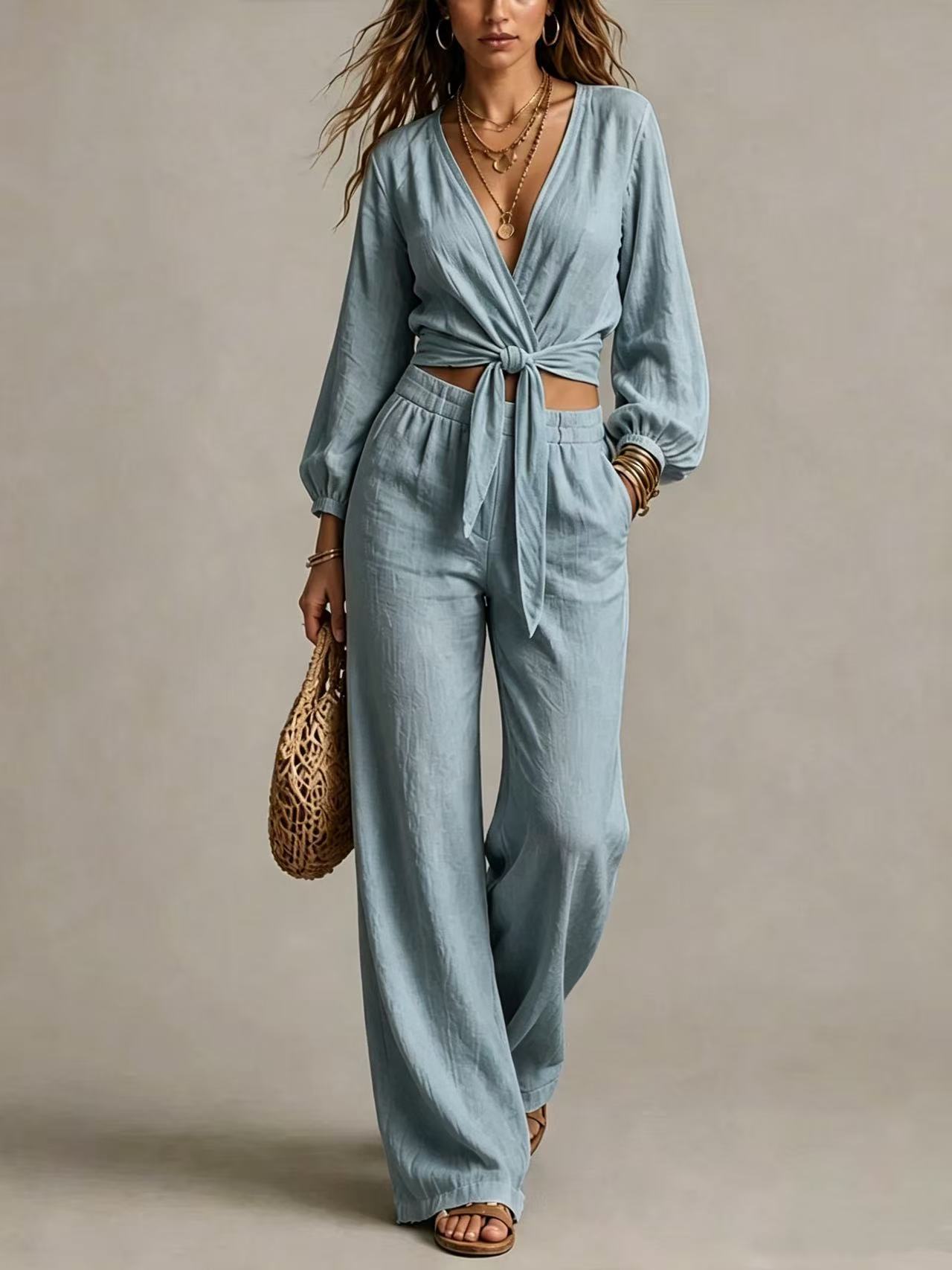 Women's V-Neck Tie-Waist Casual Pant Set