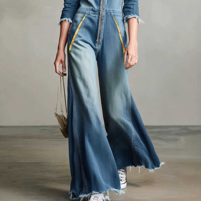 Women's Denim Jumpsuit Long Sleeve Wide Flare Leg Casual