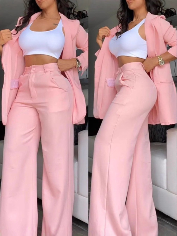 Women's Elegant Solid Color Split-Sleeve Lapel Blazer and Straight Pants Set