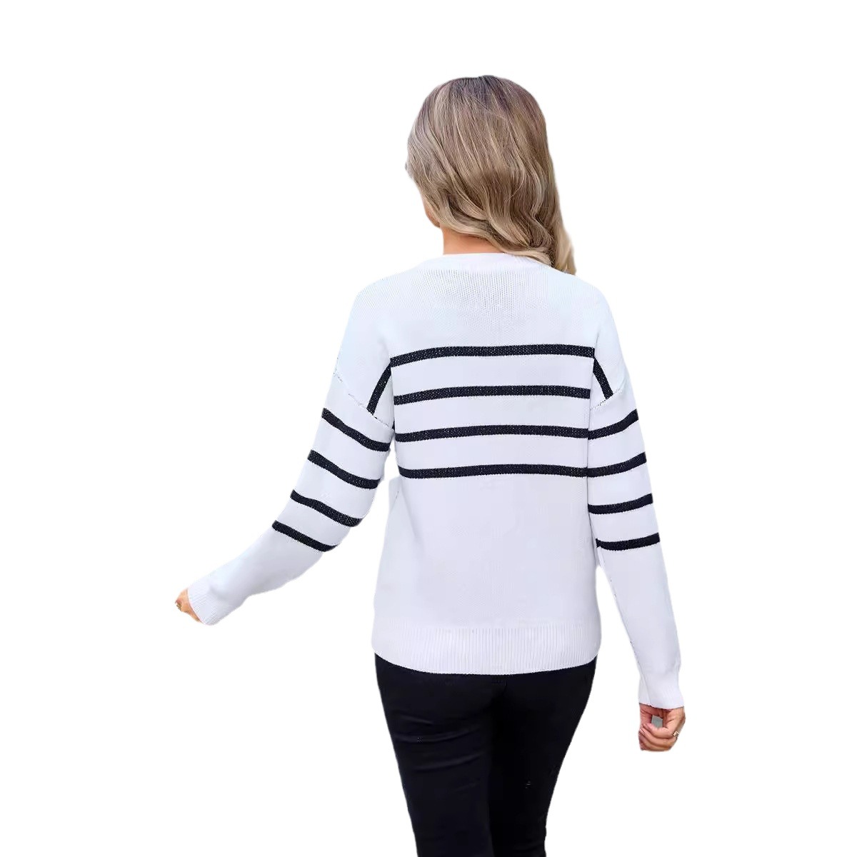 Striped Bow Round Neck Floral Knit Sweater