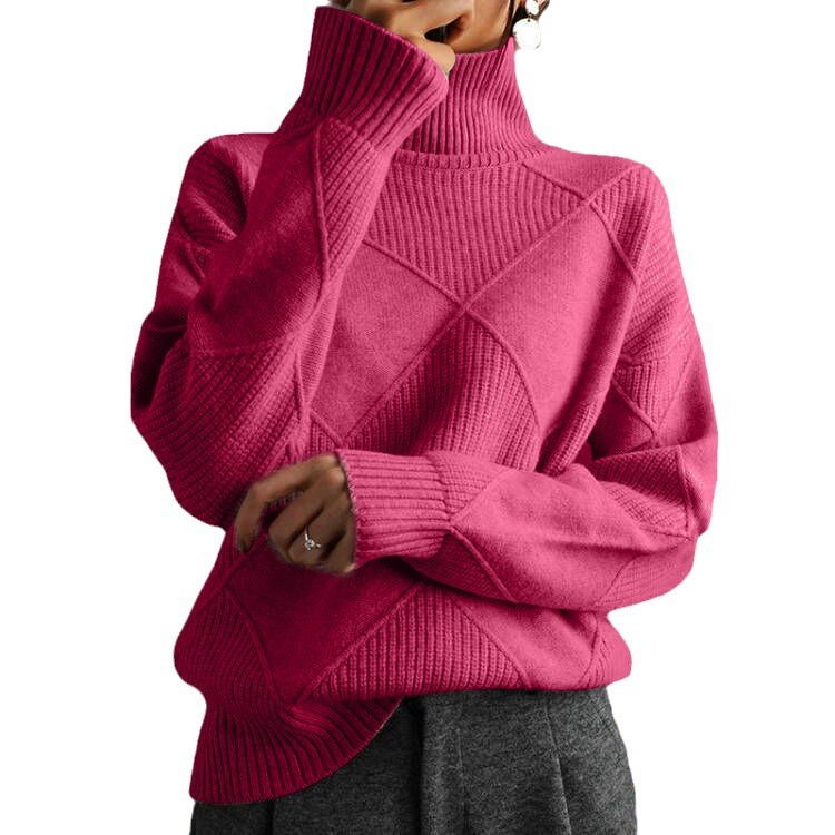 Women's Loose High Neck Diamond Knit Sweater