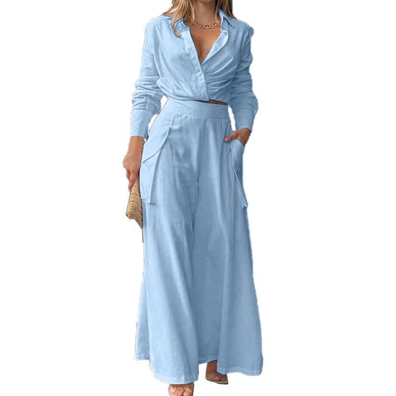 Women's Solid Color Lapel Slim Fit Two-Piece Pants Set