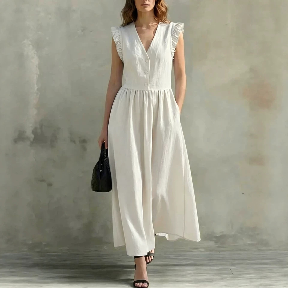 Women's Summer Ruffle Sleeve Solid Color Waist-Cinching Short Dress