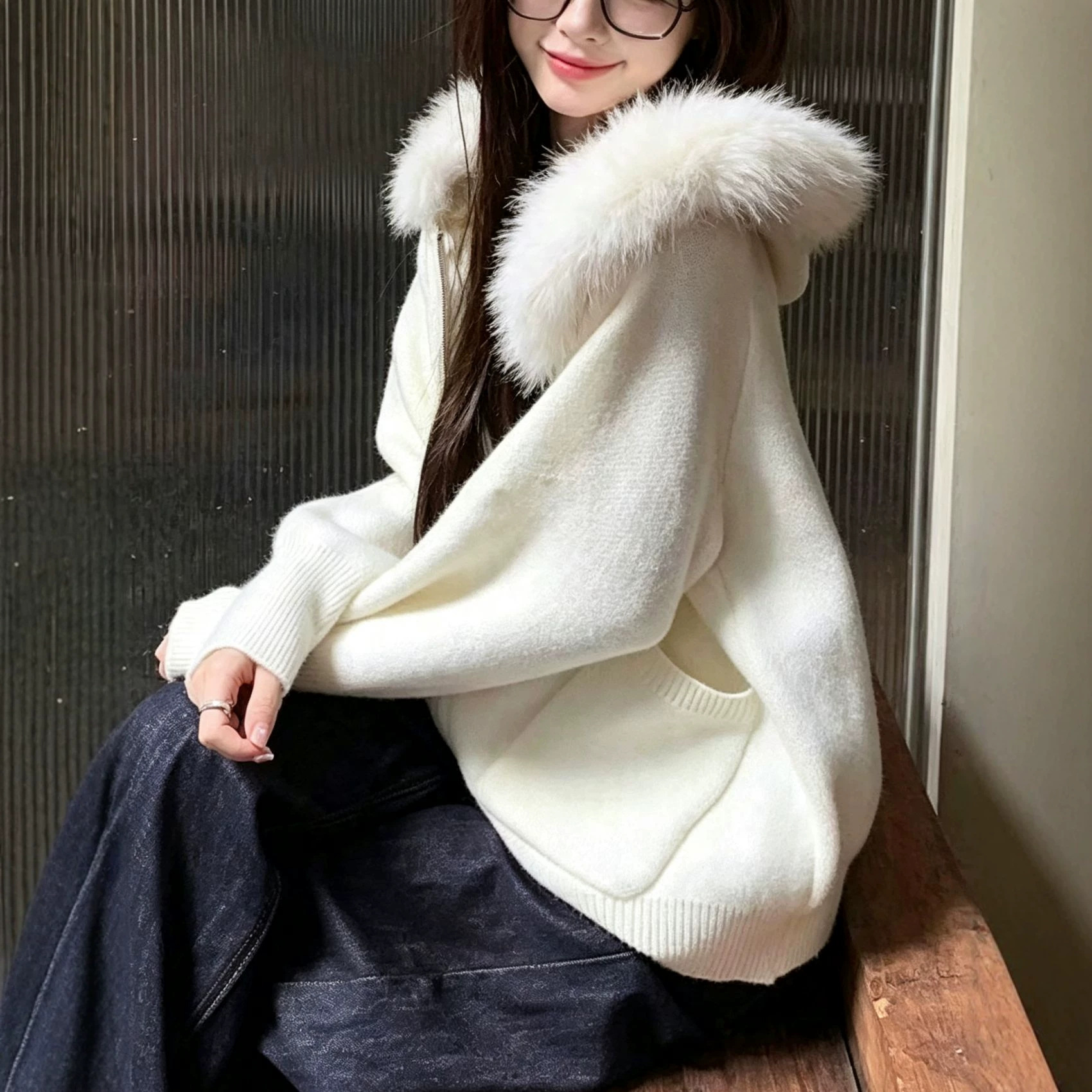 Women's Faux Fur Trim Hooded Zip Knit Cardigan Solid Color Loose Sweater with Pockets