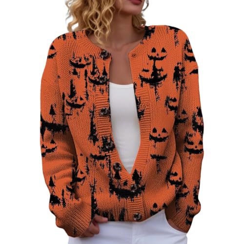 Halloween Pumpkin Castle Print Faux Knit Cardigan for Women