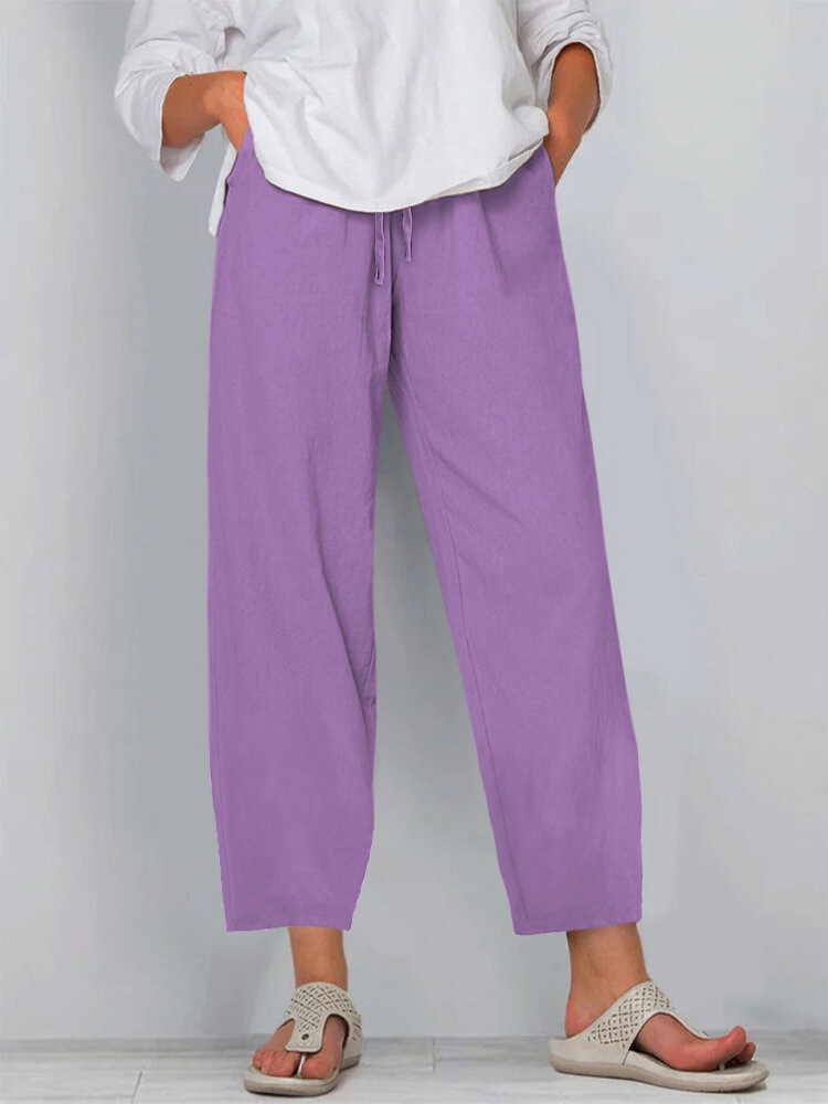Women's Cotton-Linen Wide-Leg Pants with Elastic Waist Solid Color Casual Long Pants