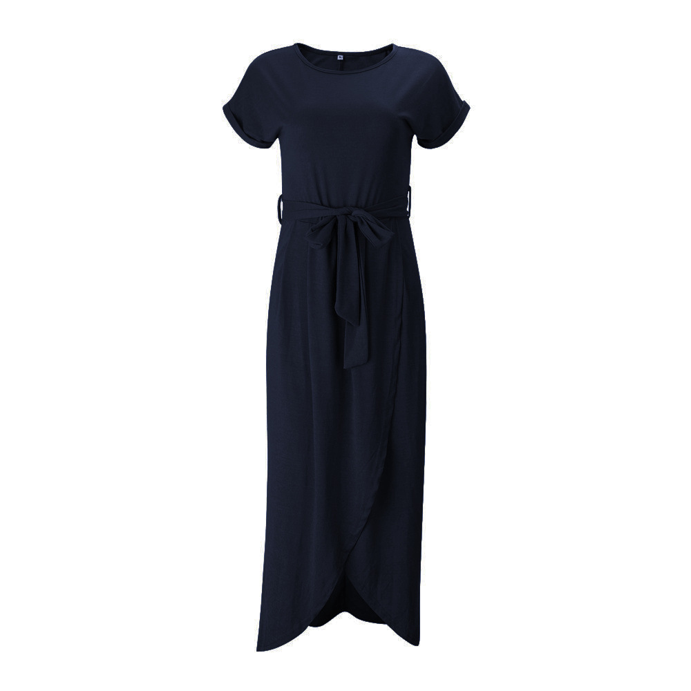 Women's Solid Color Pleated Midi Dress with Round Neck and Short Sleeves