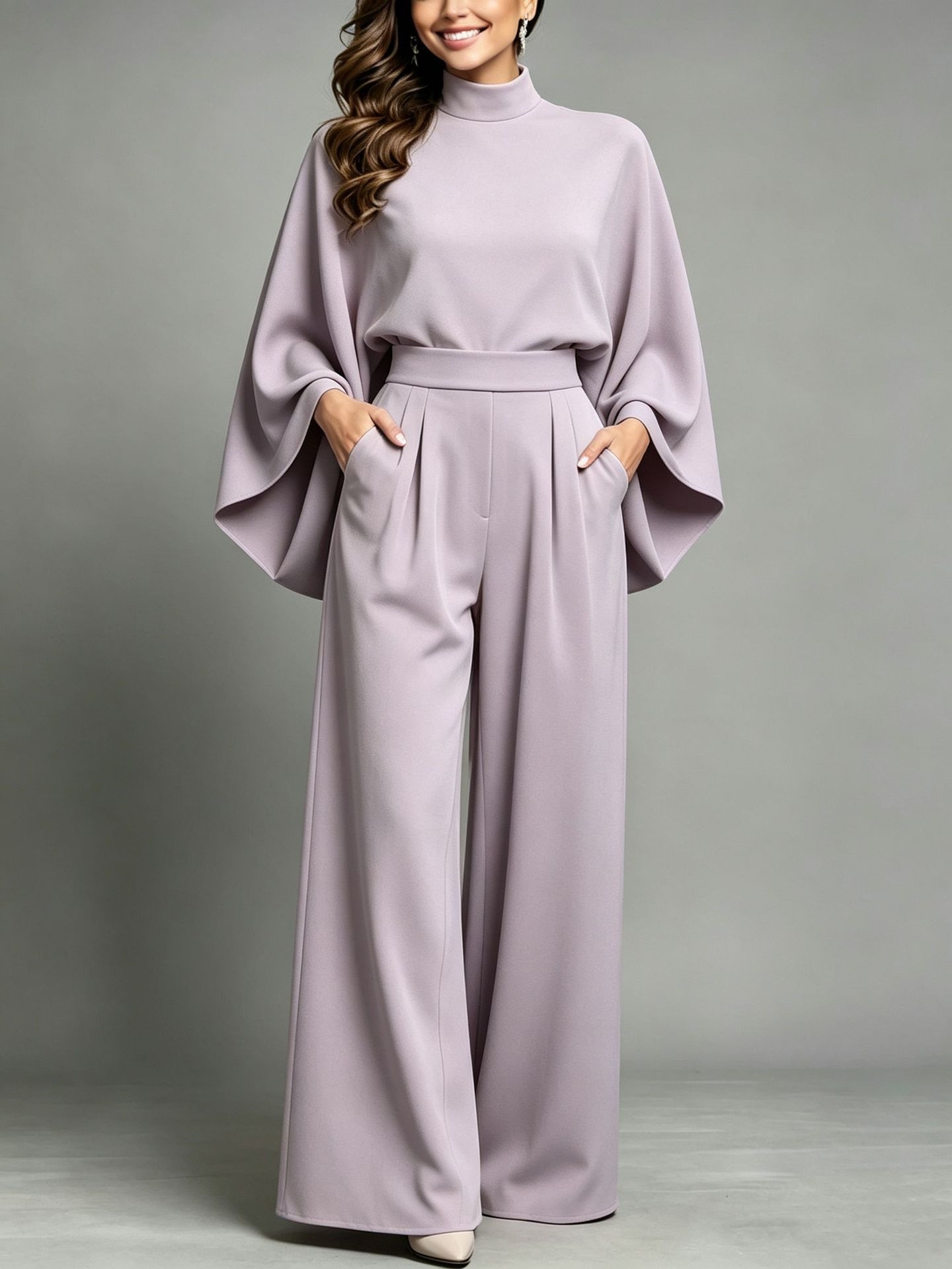 Women's Half-Turtleneck Wide-Leg Two-Piece Set, Long-Sleeve Knit Top and Pants, Loose Fit