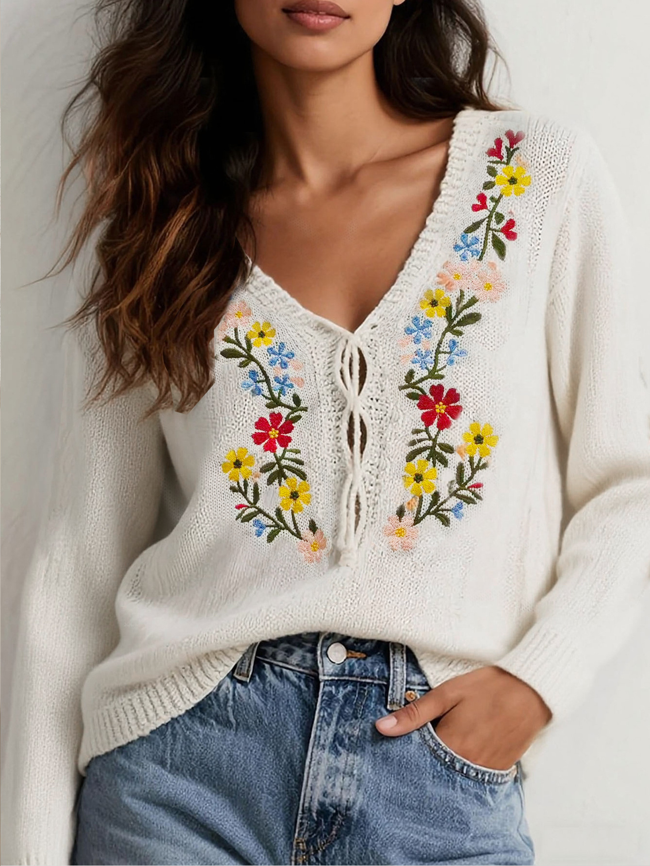 Women's Vintage Floral Embroidered Knit Sweater Loose Fit V-Neck Long Sleeve