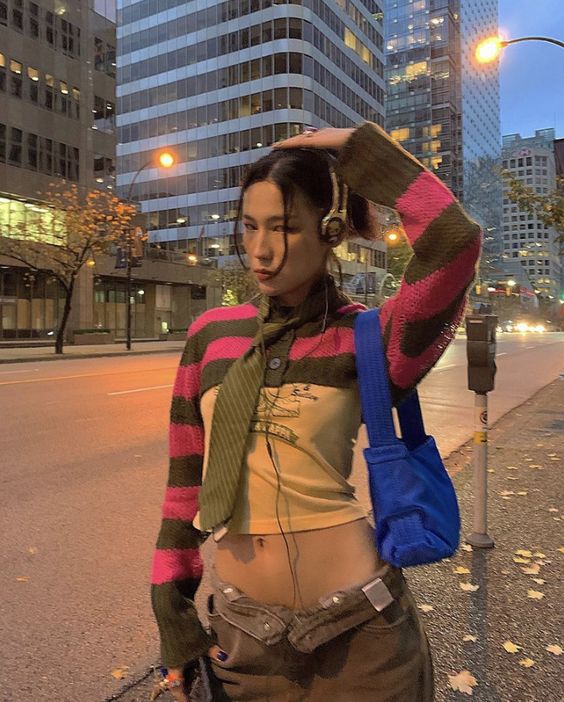 Striped Square Neck Button-Front Crop Top with Long Sleeves