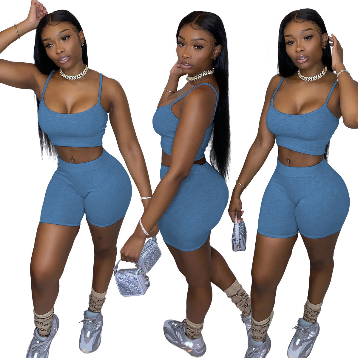 Women's Solid Color Crop Cami Top and Biker Shorts Set