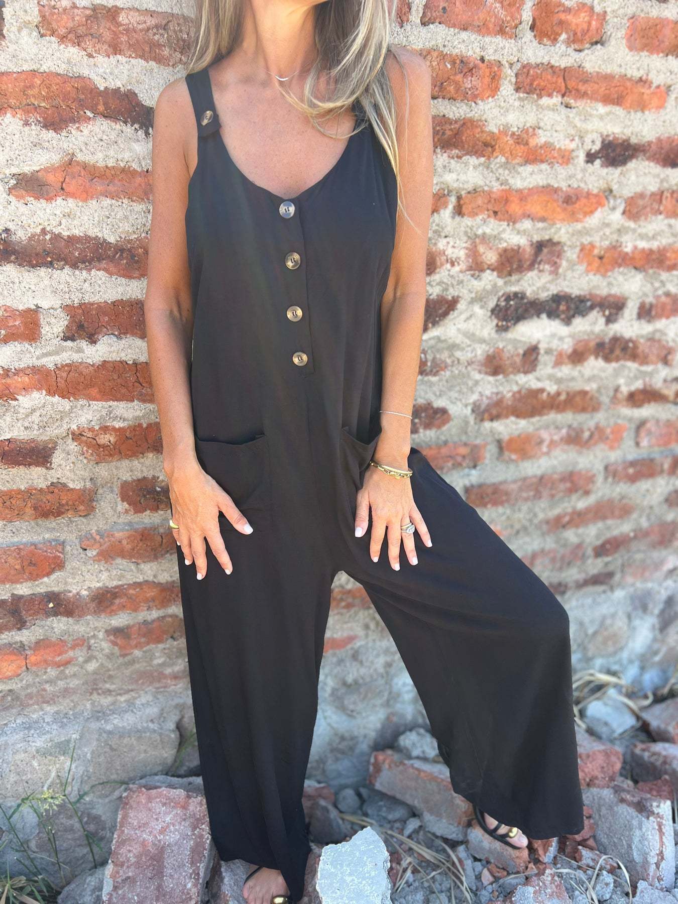 Women's Solid Button Pocket Loose Casual Overalls Jumpsuit