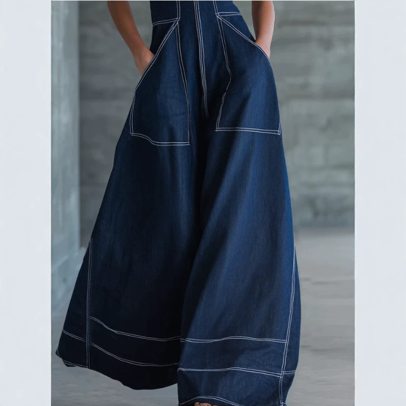 Vintage Solid Color Wide-Leg Sleeveless Denim Jumpsuit