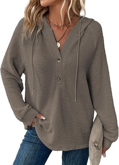 Women's Waffle Knit Drawstring Button V-Neck Hooded Sweatshirt