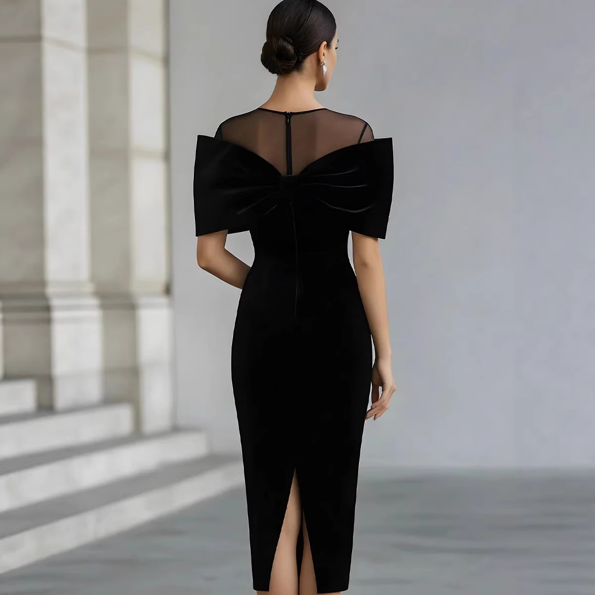Off-Shoulder Gold Velvet Bodycon Midi Dress