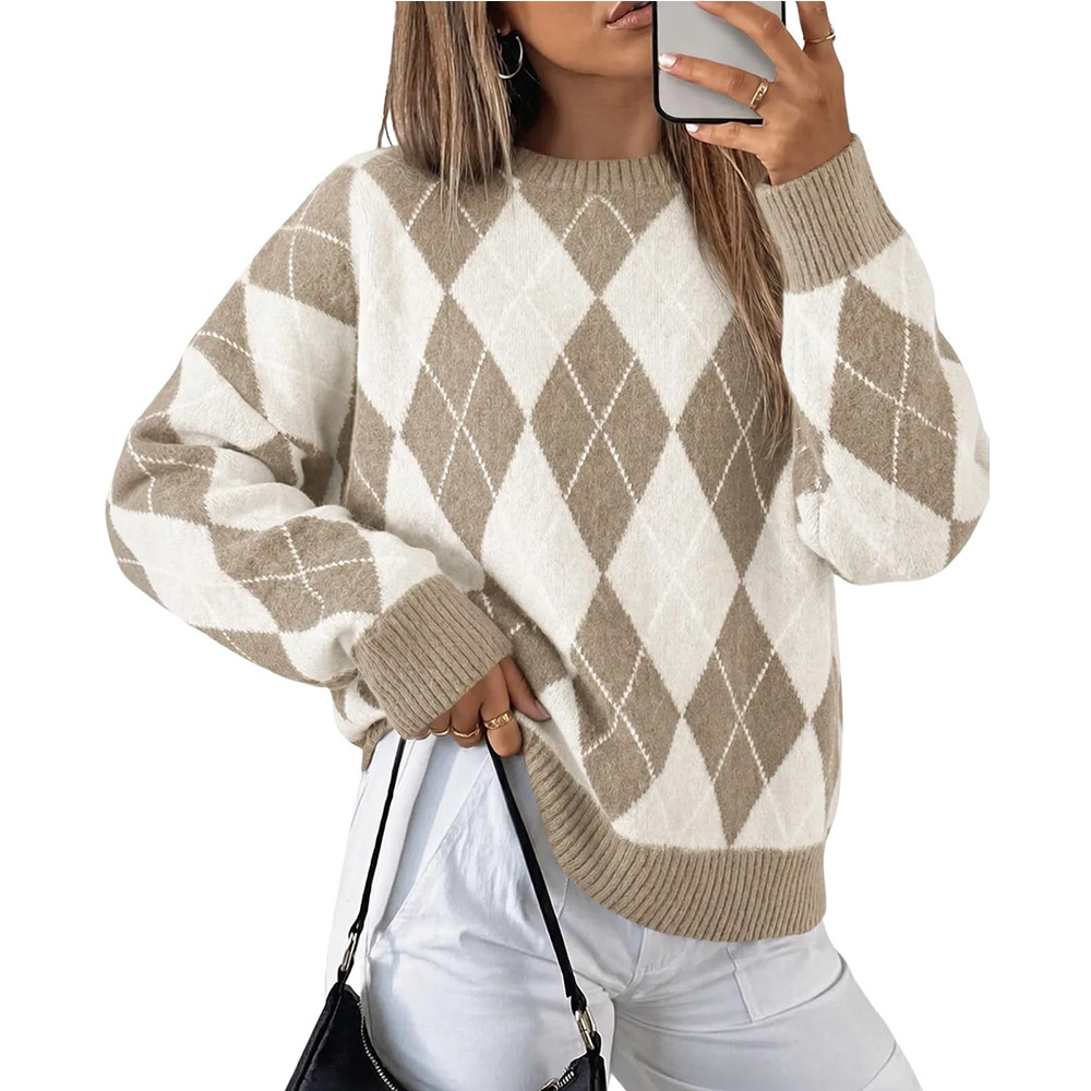Women's Loose Color-Block Argyle Crewneck Sweater