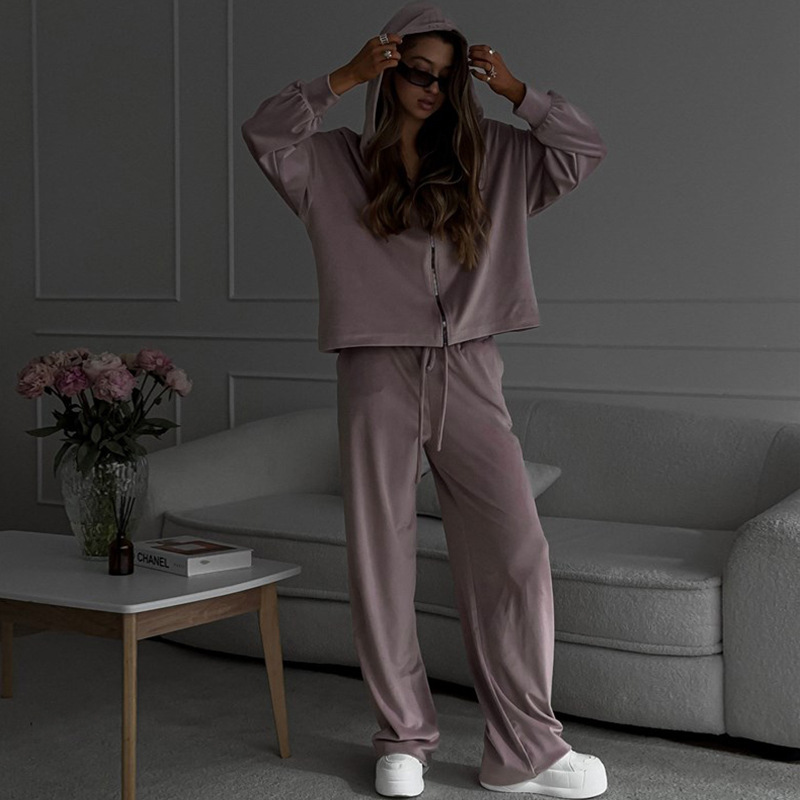 Women's Casual Two-Piece Set Solid Long-Sleeve Zip Hooded Cardigan Top and Jogger Pants