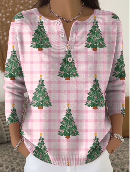 Women's Christmas Tree Snowman Scarf Print Button Sweatshirt