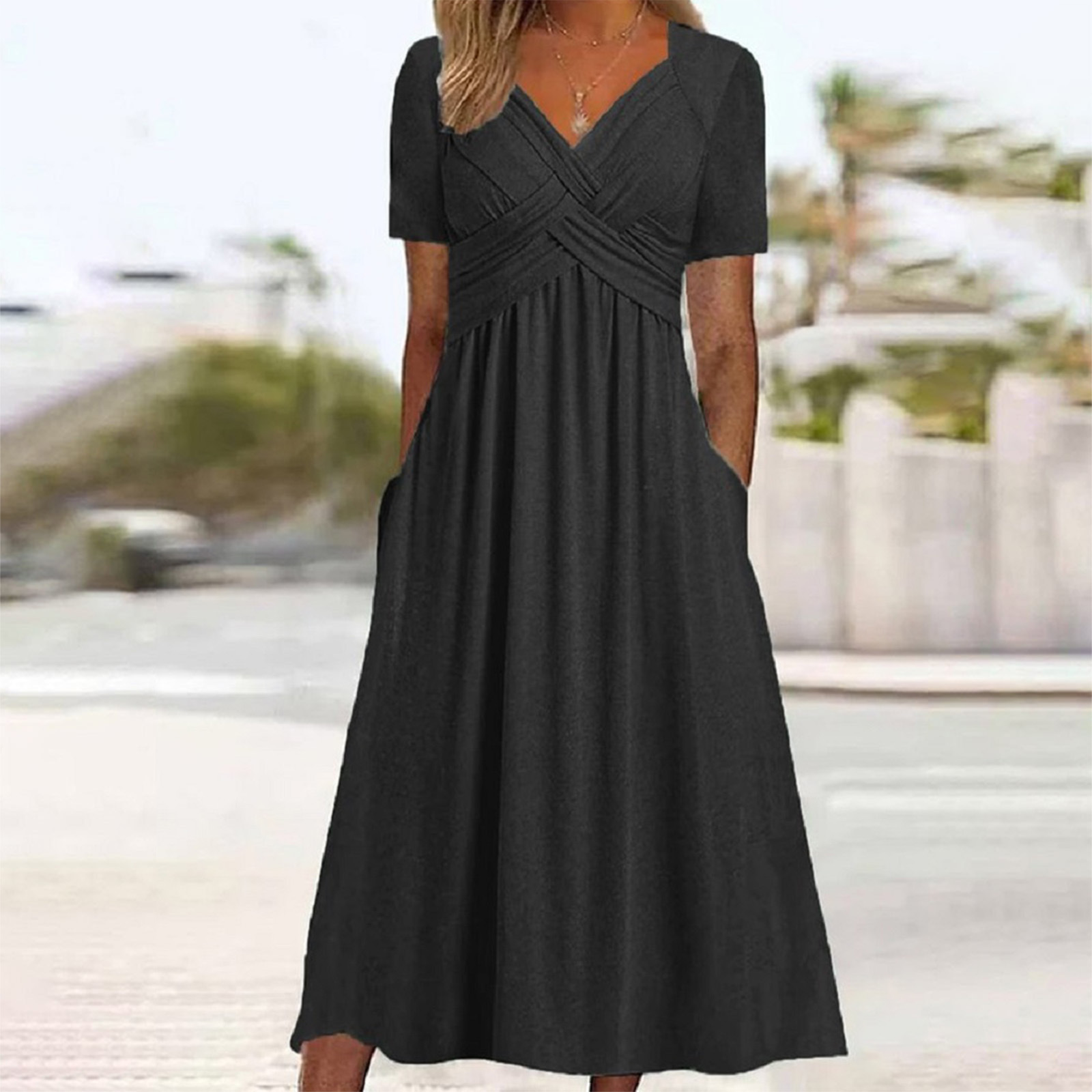Women's Solid Color Short Sleeve Round Neck Umbrella Dress