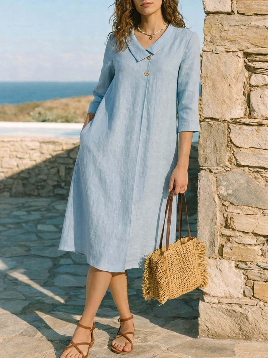 Women's Summer Solid Color French Collar Midi Dress
