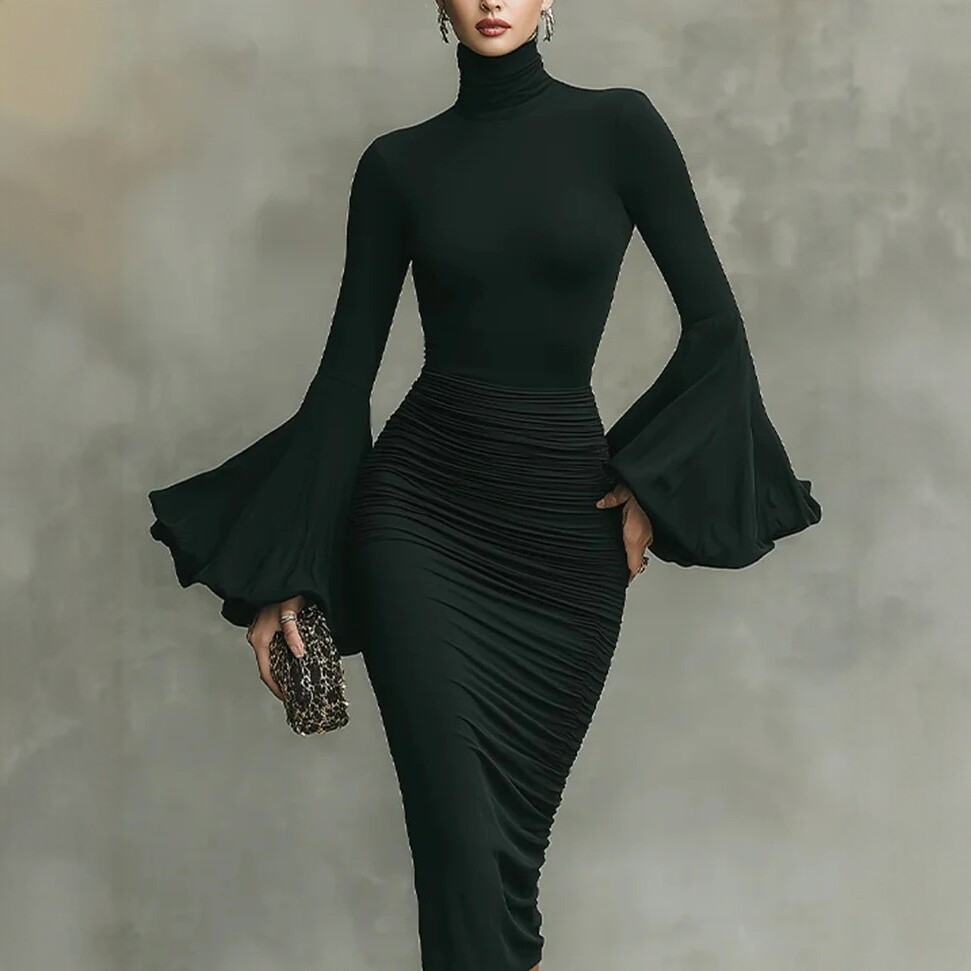 V-Neck Waist-Cinching Ruffle Midi Dress